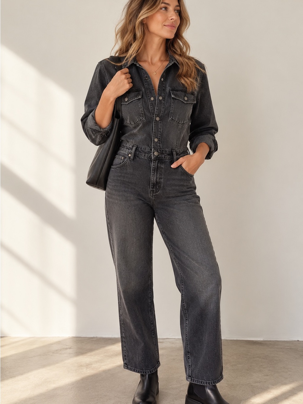 Dynamite Charcoal Black Denim Jumpsuit Long Sleeve Distressed Western Utility